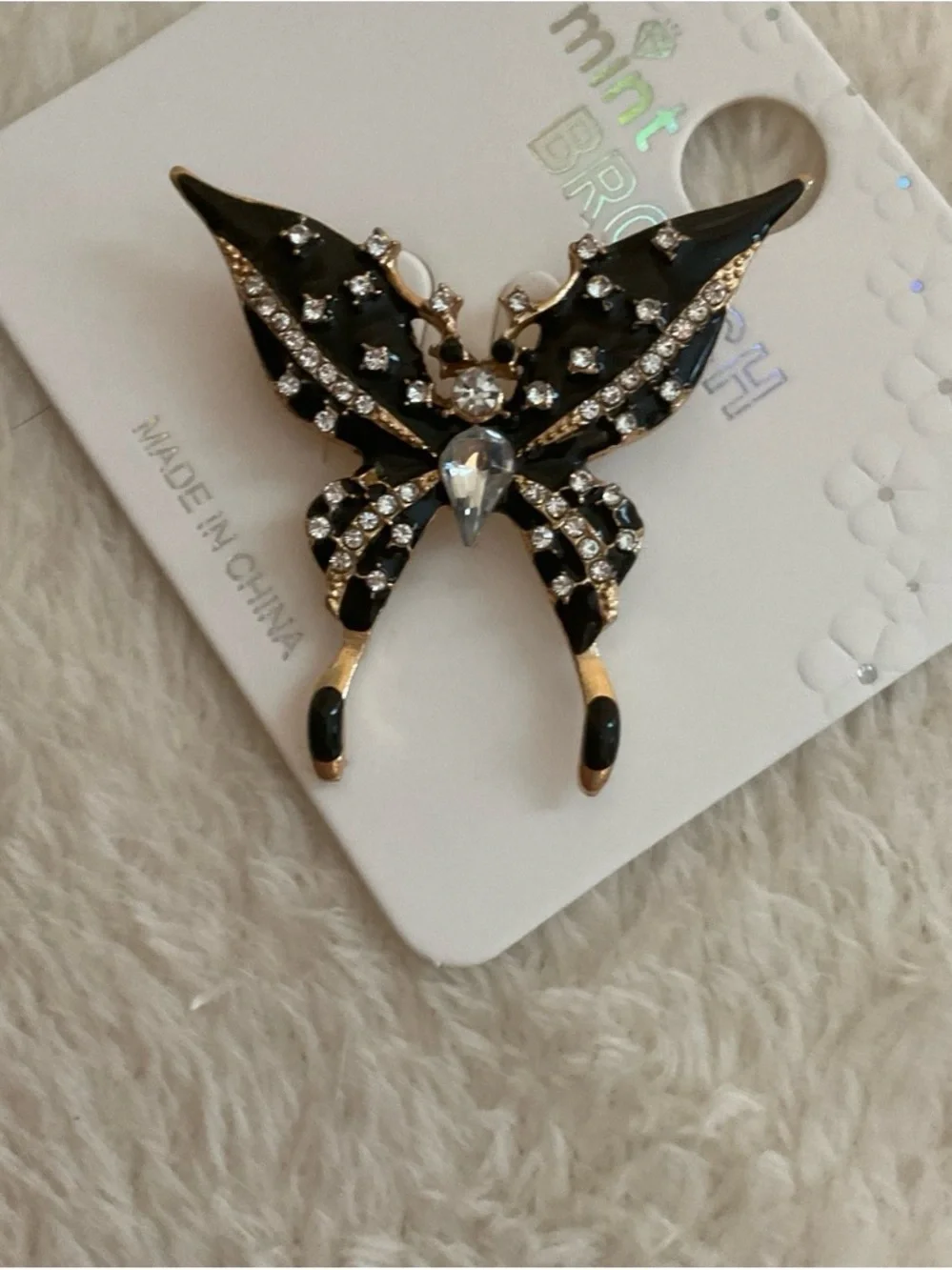 Mint Black and Clear Crystal Butterfly Brooch